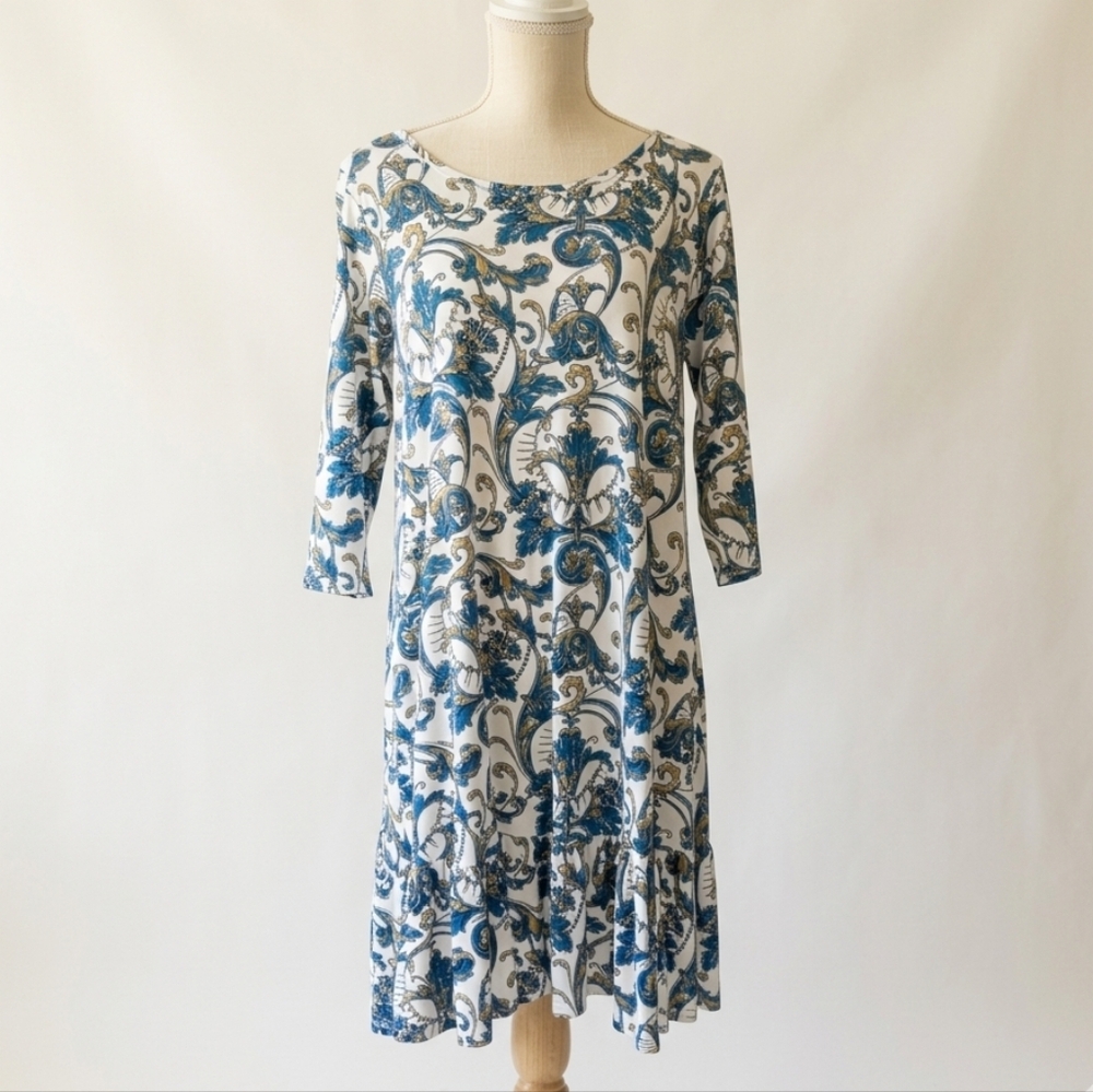 Peruvian Connection Knit Dress Size Medium Blue White Floral Print Knee Length